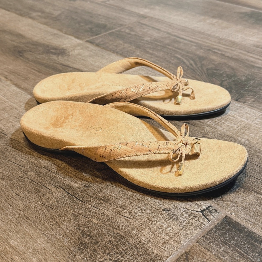 Vionic Women's Bella II Cork Bow Detail Orthotic Flip Flops, Gold Cork,11